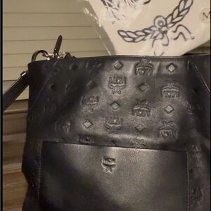 MCM Embossed Black Leather Shoulder Bag